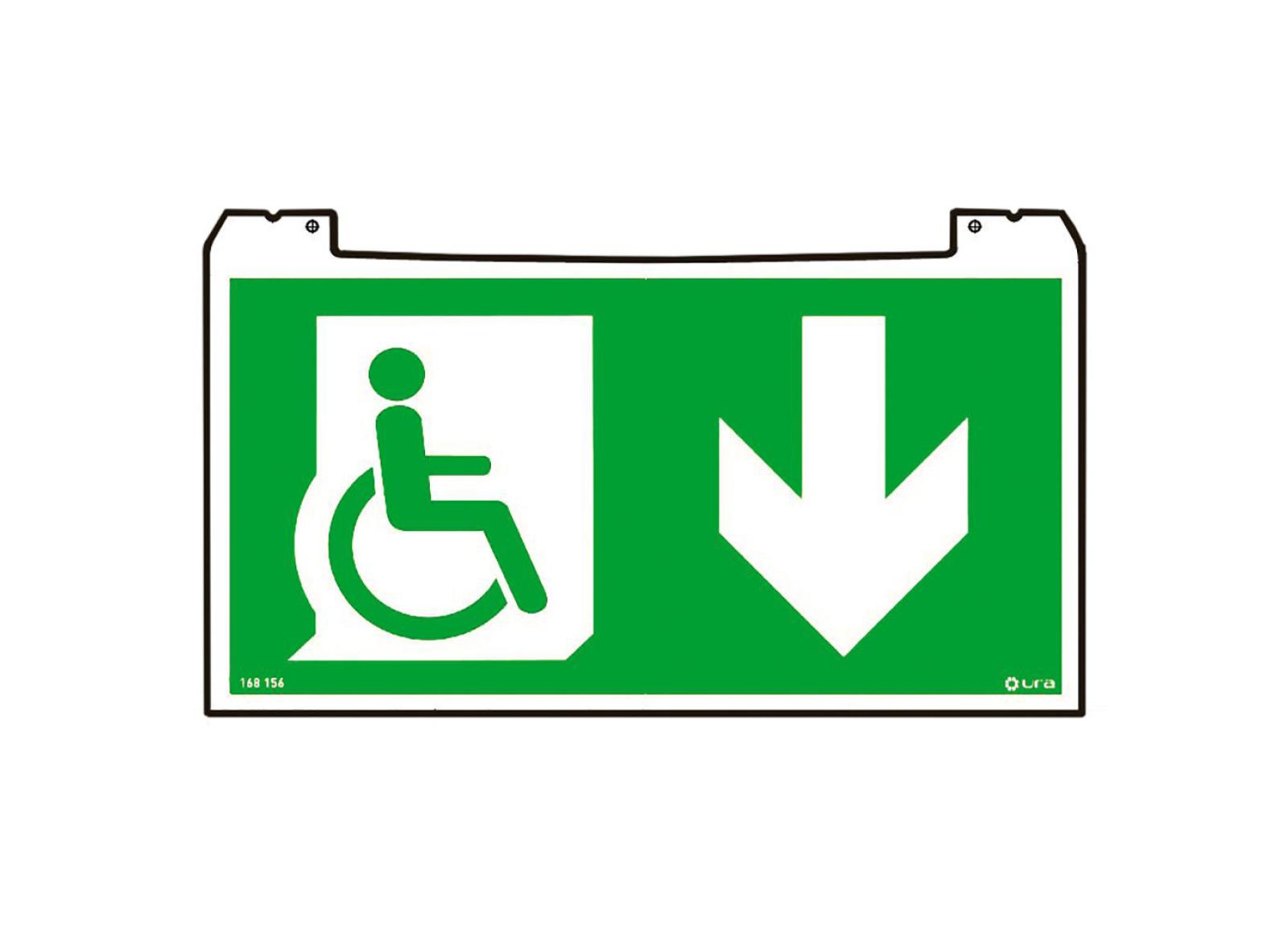 Porte-pictogramme signalisation Évacuation Practice Evolution avec Personne à Mobilité Réduite PMR et flèche vers le bas