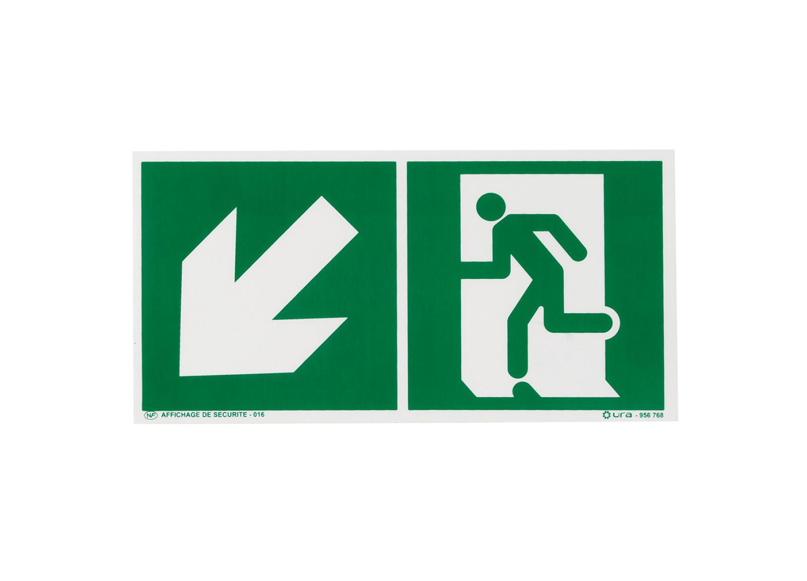 Pictogramme autocollant pour signalisation évacuation avec symbole flèche vers le bas à gauche